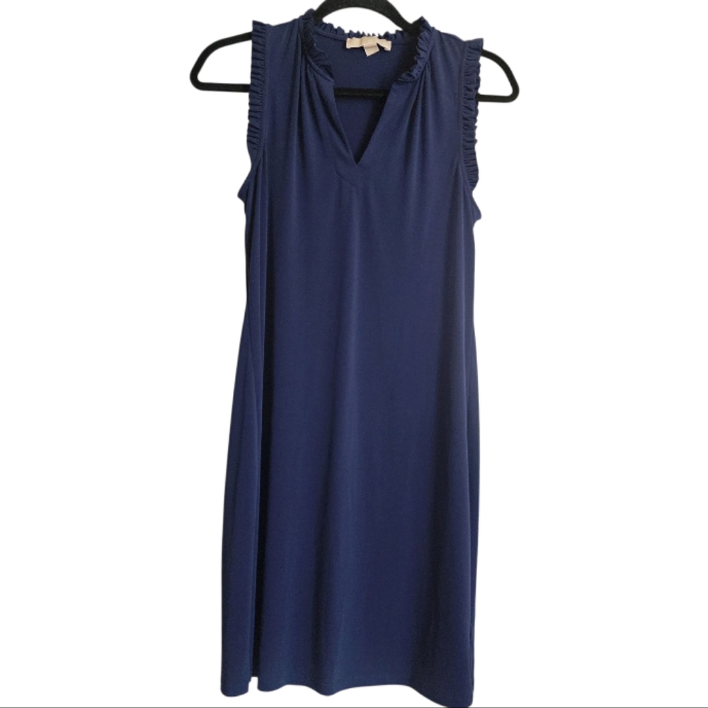 Michael Michael Kors Women’s Sleeveless Navy Blue Ruffle Neck Shift Dress Size S